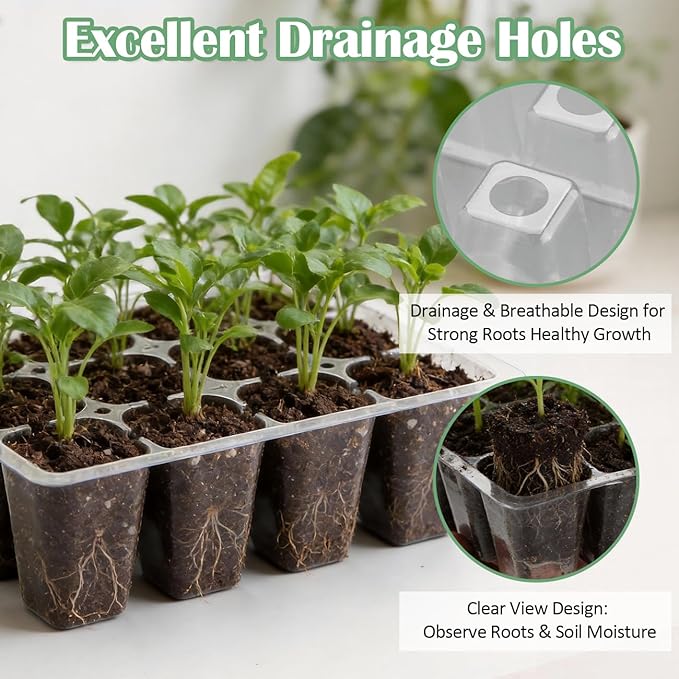 RooTrimmer 40 Pack Reusable 12-Cell Clear Seed Starter Trays - Extra Large Drainage Holes, Easy to Repotted, Clear Transparent Tray for Root Observation, Seed Starting, Fits 1020 Flats and TD377 Trays