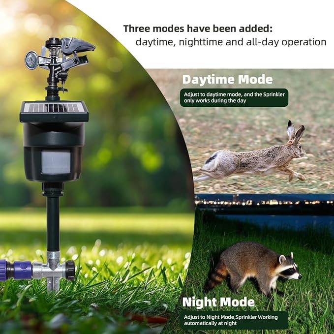 [2025 Upgraded] Yardeen Solar Motion Sensor Sprinkler, Adjustable Garden Water Sprayer with Stake. Day and Night Mode can be Selected