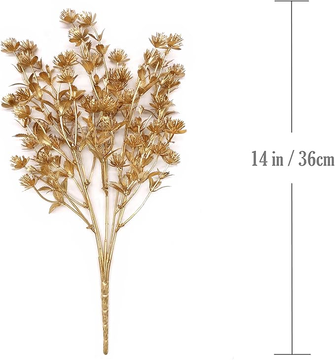 Artificial Golden Baby Breath Flowers, Plastic Fake Gypsophila Flower for Indoor Outdoor Christmas Wedding Home Party Table Arrangement Decoration DIY Planter Filler Gold Leaves Decoration - 3 Pack