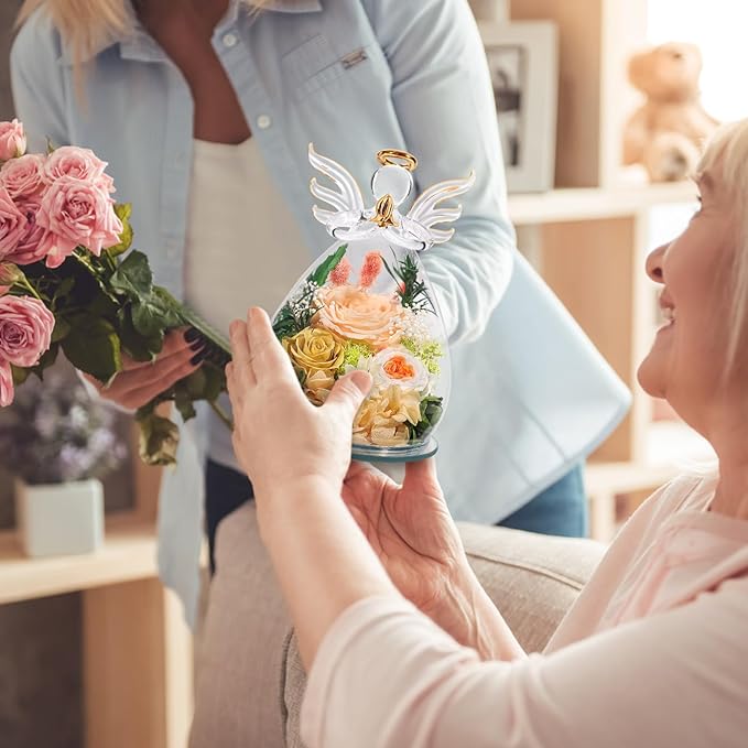 Gifts for Mom Birthday Gifts for Women Preserved Rose Forever Flower in Glass Angel Figurines Fresh Flowers for Delivery Anniversary Real Colorful Roses for Grandma Her Wife Mothers from Daughter