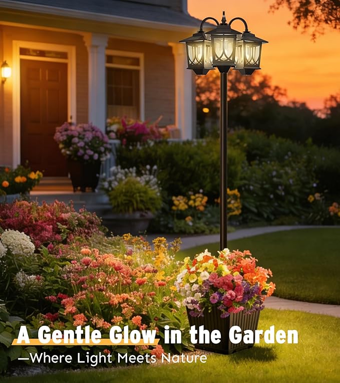 3-Head Solar Lamp Post with Planter, 74" Solar Light Flower Pot Lamp Post, 60Lm Waterproof Solar Light Poles for Outside, Garden, Patio, Yard, Driveway, Replaceable Bulb, Warm White (3000K)