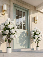 Artificial Flower Tree for Porch: 3.6ft Fake Crape Myrtle Trees Set of 2 for Outdoor Front Door Indoor Decor - White Realistic Silk Plant with Pot for Home Living Room Patio Decorations
