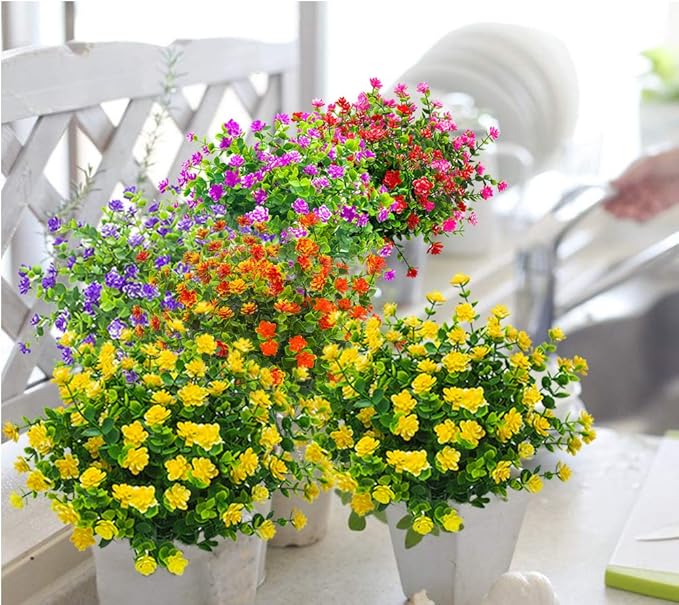 Grunyia 10 Bundles Artificial Fake Flowers, Faux Outdoor Plastic Plants UV Resistant Shrubs Outside Indoor Decorations (Yellow-Eucalyptus)