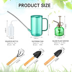 Set of 7 6.3'' Vintage Glass Plant Mister Modern 1.2l Long Spout Watering Can Squeeze Bottle Soil Moisture Meter 3 Pcs Hand Planting Tools for Indoor Outdoor Gardening Potted Flower, Green
