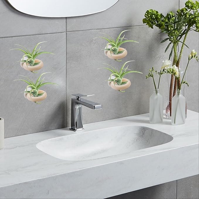 20 PCS Air Plants Holder with White Self-Adhesive Buckles, Wall Mounted Wooden Live Tropical Air Plant Hanger for Home Office Decoration (Plants Not Included)