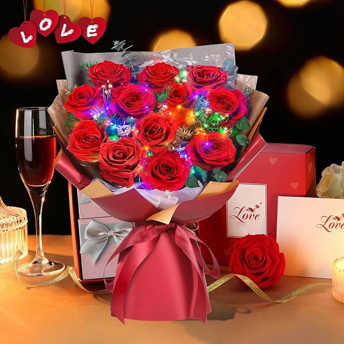 ADDWel 12 Preserved Red Roses Bouquet - Real Roses That Last Years, Romantic Anniversary & Birthday Gifts for Wife, Girlfriend - A Dozen Flowers for Delivery, Present for Her, Mom