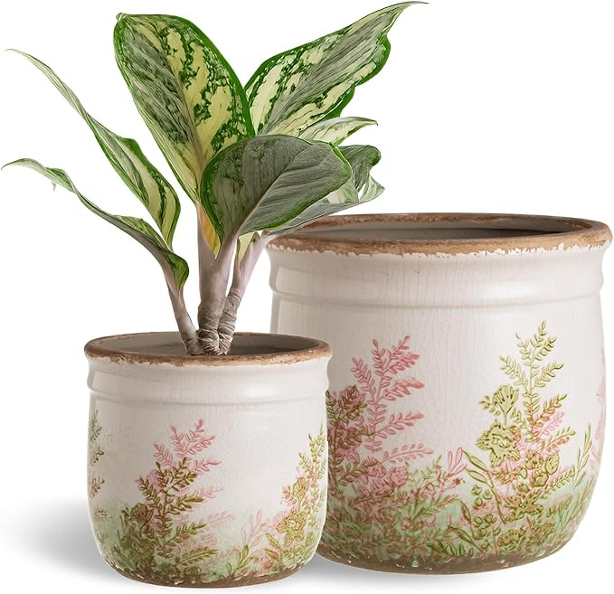 SURE YUESI for Mom from Daughter or Son, Vintage Pink & Green Ceramic Planter Set of 2, 4.7” & 5.7” Rustic Flower Pots for Indoor Plants, Decorative Home & Garden Plant Pots