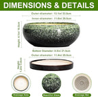 Bonsai Pots - 13 Inch Ceramic Succulent Planters Indoor, Round Shallow Planter with Drainage Hole and Saucer, Large Succulent Pot, Bowl Planter Outdoor, House Decor, Housewarming Gift, Green