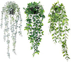 Fake Hanging Plants, 3pcs Artificial Small Potted Plants Fake Potted Greenery Faux Eucalyptus Mandala Vine Pea Pod for Home Indoor Outdoor Wall Garden Wedding Decoration