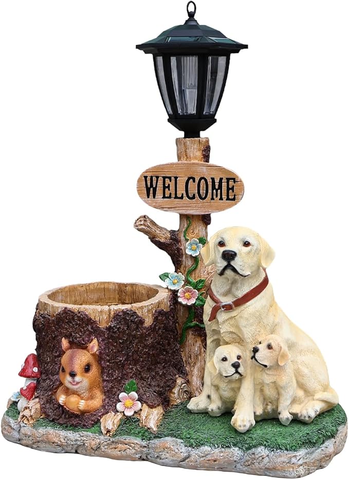 Animal Outdoor Statue Planter Solar Light Welcome Garden Sculpture Resin Flower Pot Decorative Porch Patio Yard Lawn Entryway Figurine with LED Lamp Rustic Plant Holder Ornament Courtyard (M)