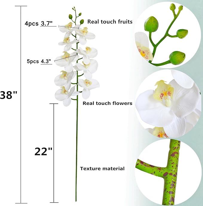 Htmeing 38 Inch Artificial Phalaenopsis Flowers Branches Real Touch (Not Silk) Orchids Flowers for Home Office Wedding Decoration,Pack of 2 (White)