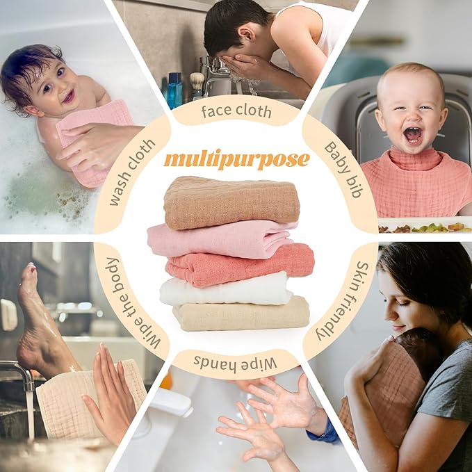 MIGIOL Baby Burp Cloths 100% Cotton Newborn Muslin Burp Cloths 10x20 inches Baby Essentials (5, Pink & Coffee)