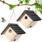 Dreyoo 2 Pack Wren House, 1-1/8'' Entrance Hole Hanging Wooden Wren Bird Houses for Outside with Metal Guard, Air Vents, Pine Wood for Chickadees (Black,Wood Color)