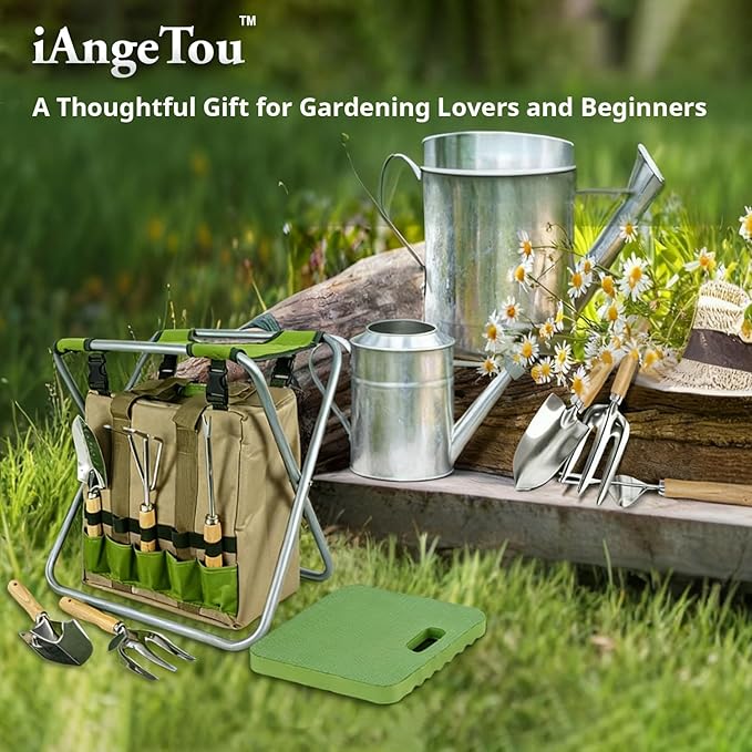 Garden Tool Set with Folding Kneeler Stool Green Steel Frame Oxford Fabric 8PCS Gardening Tools with Insulated Tote Bag Knee Mat for Outdoor Gardening Camping Fishing