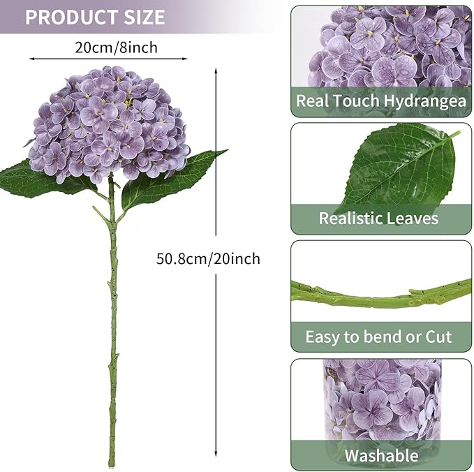 DuHouse 3Pcs Large Hydrangea Artificial Flowers,20 inch Latex Real Touch Hydrangeas Lifelike Hydrangea Flower for Home Wedding Bouquets Centerpieces Party Living Room Decoration(Light Purple)
