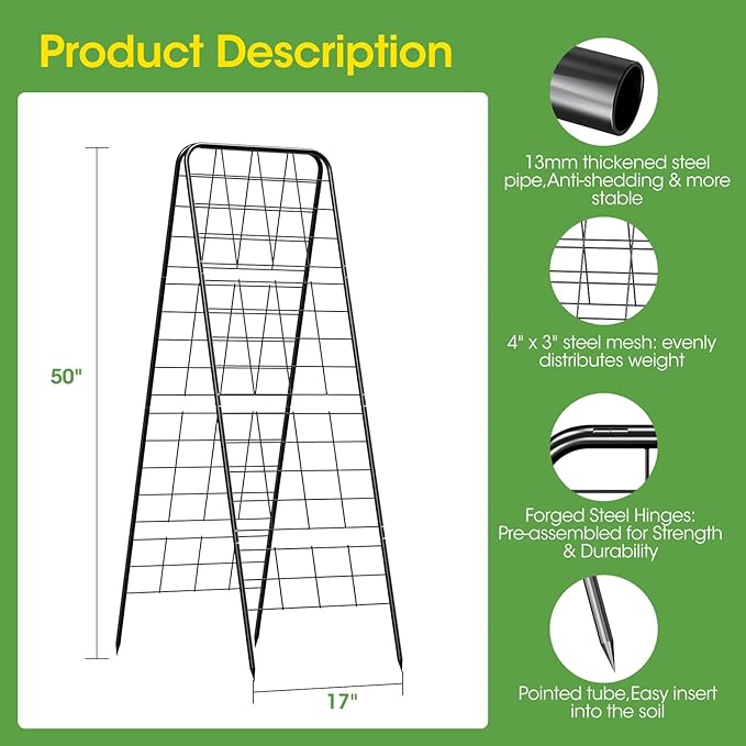 Heavy Duty Cucumber Trellis，50"x17"Adjustable A-Frame Trellis for Climbing Plants，Metal mesh Design, Rust-Proof and UV-Resistant，Garden Trellis for Cucumber Beans and Vine Type Plants.Black&2 Pcs