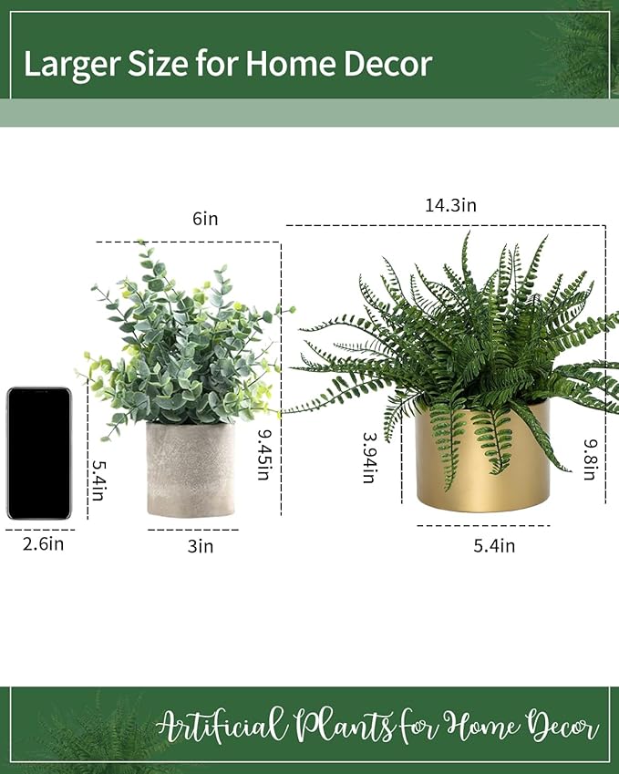 Coferset Small Fake Plant Fern Potted Artificial Plants Fake Fern for Shelf Home Bathroom Office Decor(Gold Mental Pot)