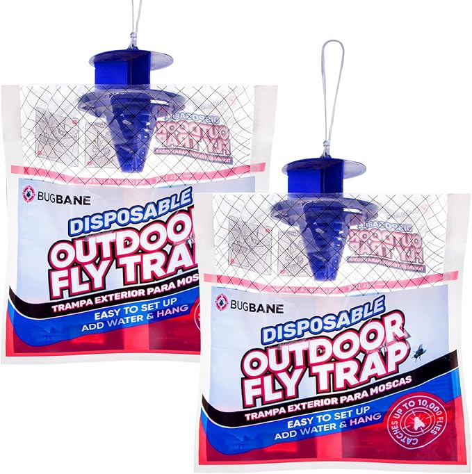 Fly Traps Outdoor Fly Trap for Patio. 2 Non-Toxic Pre-Baited Flies Bags Outdoor Disposable. Hanging Bug Catchers for All Filth Flies Killer for Outside Bug Control in Yard Horse Ranch Trash Can.