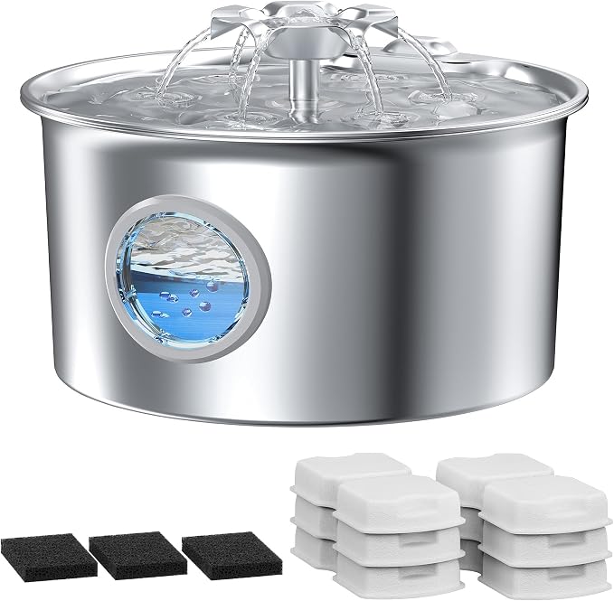 Cat Water Fountain Stainless Steel: Pet Fountain with 6 Filters & 3 Sponges | 88oz/2.6L Water Fountains for Cats Inside with Flower - IHOUONE Kitty Spout Drinking Dispenser Animal Supplies