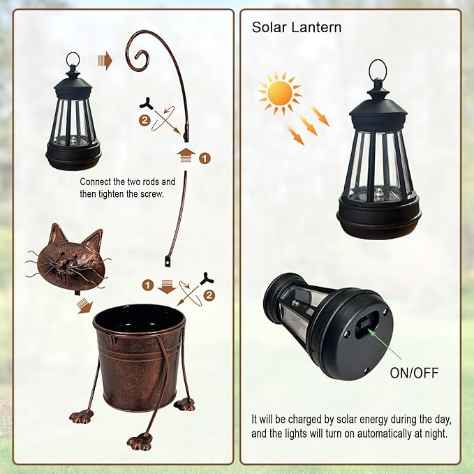 Solar Lights Outdoor with Planter Pot,Metal Cat Solar Lamp Post with Planter Base Outdoor Decorative for Yard,Porch,Patio,Floor Light with Garden Pots