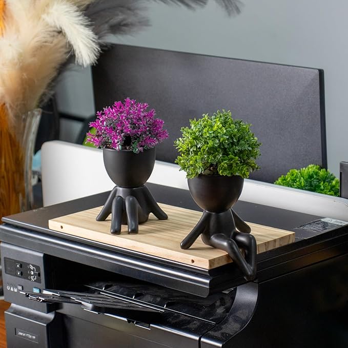 Zerzsy 4 Pack Cute Small Fake Plants with Creative Human Shaped Pots, Fake Plants Artificial Greenery Potted for Home Decor Indoor Shelf Desk Tabletop (Black)