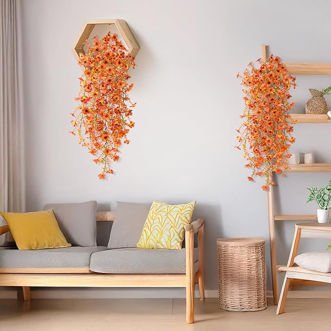 Hommyea Artificial Fall Fake Flowers for Outdoor, 2 Pcs Fake Mums Faux Hanging Flowers Outdoor Fall Decor, UV Resistant Silk Flower for Front Door Porch Planters Patio Yard Garden(Orange Sunset Red)