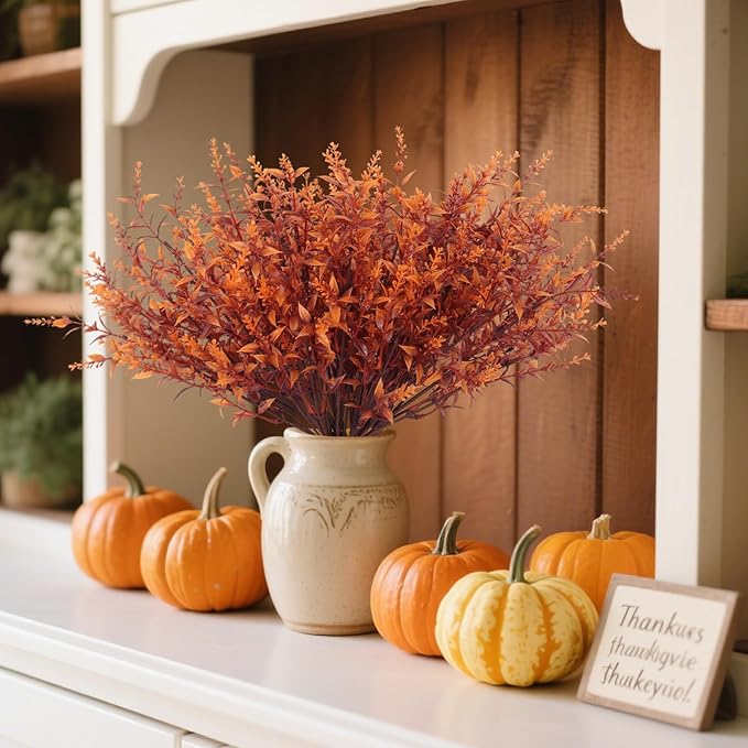 RECUTMS Faux Greenery Fake Lavender Fall Plants 20Pcs Fade Resistant Outdoor Flowers Faux Autumn Plants Fake Flowers Bulk Artificial Greenery for Porch Office Bathroom Fall Party Decorations (Brown)