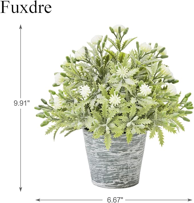 2 Pack Small Desk Plants, Artificial Bathroom Plants Decor with Flower in Vintage Melamine Pots, Faux Plants Indoor for Shelf Decor in Home Office, and Spring Decor (Ivory White)