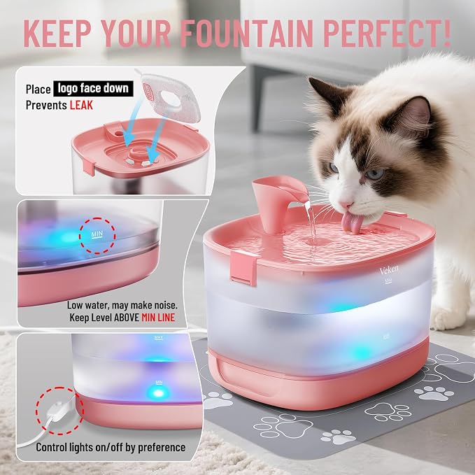Veken Cat Water Fountain with Detachable Tank & Secure Clips, Easy to Clean & Assemble, 85oz/2.5L Pet Drinking Dispenser with Quiet Operation & LED Light, Cats, Dogs and Small Pets, Red
