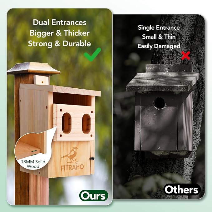 Bird Houses for Outside, Durable Birdhouse with Dual Entrances, Weatherproof & Perfect for Bluebirds, Wrens, Finches & Swallows(Assembly Required)
