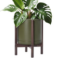 D'vine Dev Ceramic Planter with Walnut Color Stand - 12 Inch Modern Round Flower Pot with Wood Planter Holder, Olive, 55-B-W-J