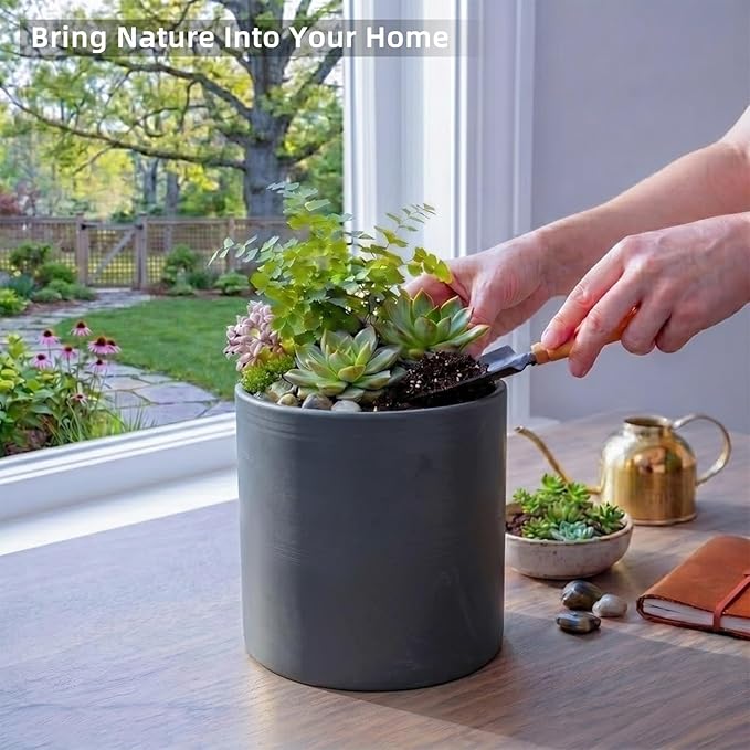 Metal Plant Pot with Drainage Hole,Mid Century Modern 7 inch Round Pot Indoor Outdoor Planters Gift for Decorative Pots of Tabletop Living Room Bedroom Grey