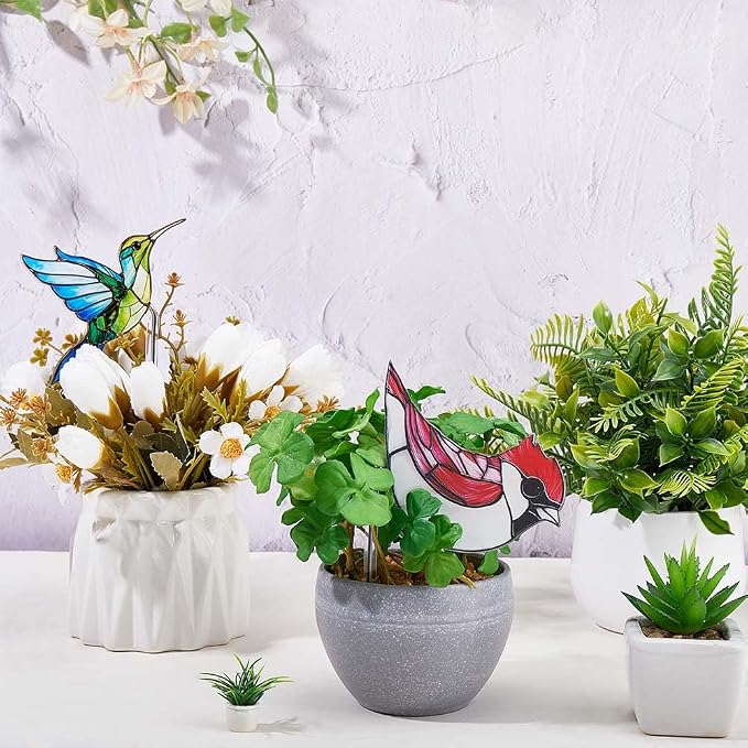 CRASPIRE 2 Styles Bird Plant Decoration Hummingbird Flower Pot Suncatcher Acrylic Garden Stake Hanger Decor Blue Yellow Butterflies Catcher Hugger for Art Indoor Outdoor Patio Pots Yard Farmhouse