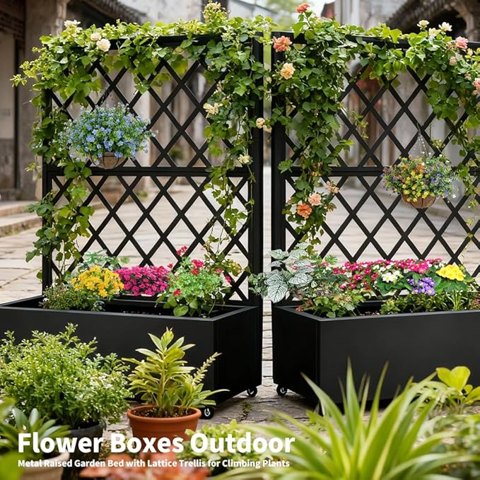 Metal Planter Box with Privacy Screen Trellis,Galvanized Raised Garden Bed On Wheels for Climbing Plants Vines, Standing Garden Flower Bed with Drainage Holes (Black, 35" L x16 W x 55" H)