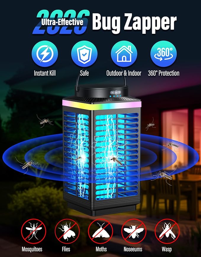 Bug Zapper Outdoor Cordless, 4200V Electric Mosquito Zapper with LED Blue Light, 3 in 1 Portable & Rechargeable Bug Zapper Outdoor Waterproof IP67, Wireless Hanging Fly Zapper for Patio Camping