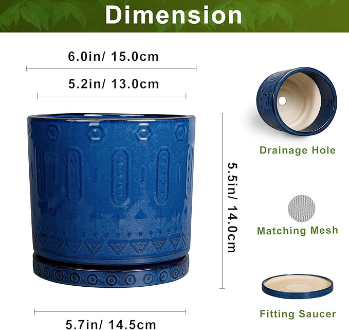 Ceramic Planter, 6 Inch Plant Pot with Drainage Hole and Tray, Round Flower Pots for Indoor Outdoor Plants, Boho Decorative Pots for Plants, Bookshelf Decor, House Warming Gift, Blue