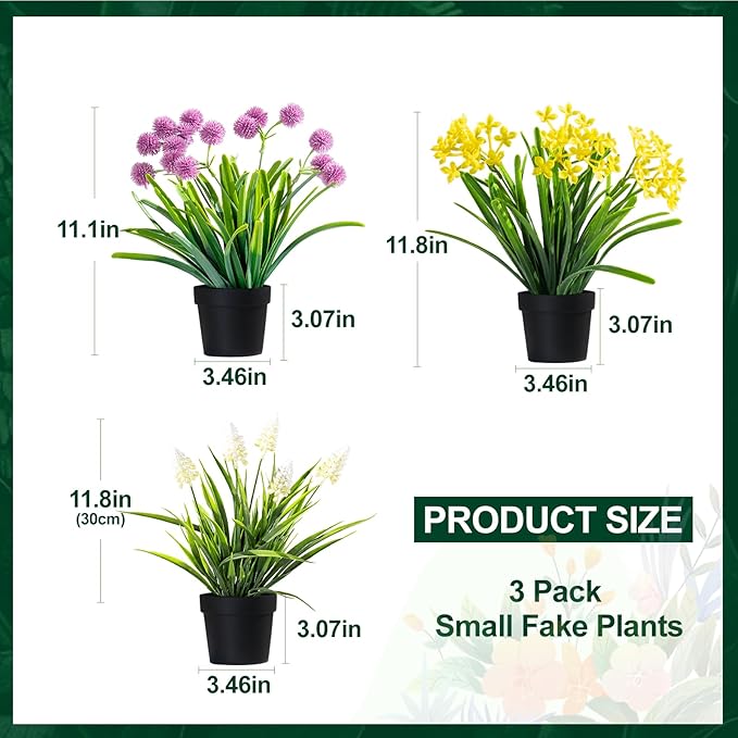 3 Pack Fake Small Plant Artificial Potted Flowers for Home Decor Fake Flower Plant Greenery Mini Faux Plant for Indoor Bedroom Living Room Office Shelf Bathroom Farmhouse Decor (Type 10)