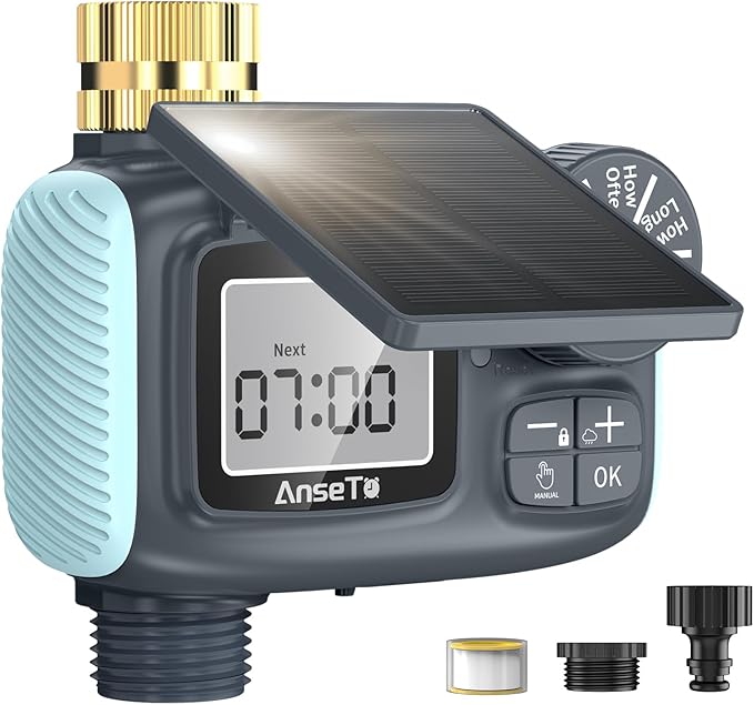 Solar Sprinkler Timer, Solar & Type-C Rechargeable Water Timer for Garden Hose, Programmable Faucet System with Rain Delay/Manual/Auto Mode, Digital Irrigation Controller for Lawn/Yard/Pool
