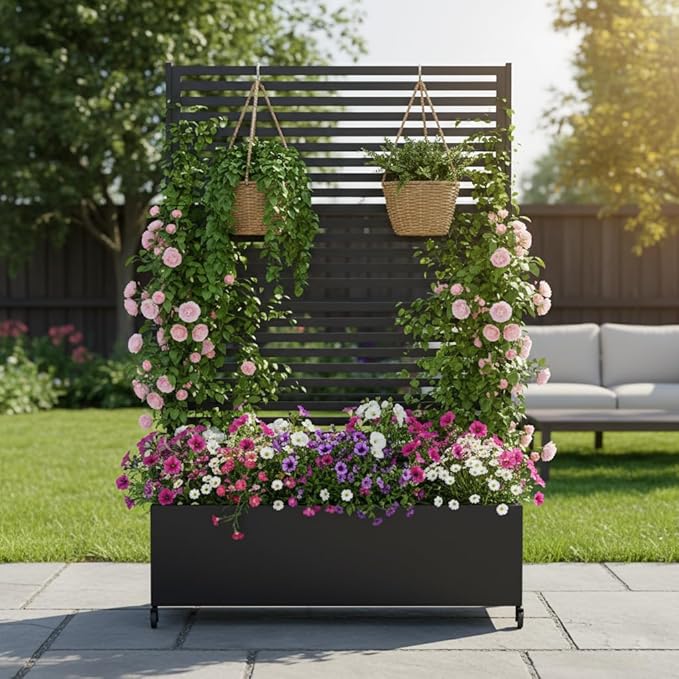 Metal Planter Box with Trellis Privacy Screen, Raised Garden Bed with Trellis & Wheels, Privacy Planters for Patio, Planter Box with Drainage Holes for Climbing Plants, 73"x 47"x 16", Black