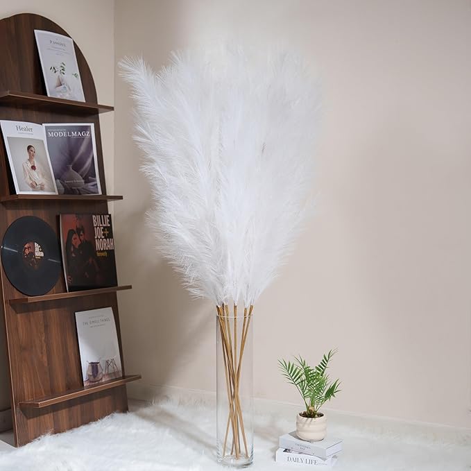 Premium Faux White Pampas Grass – 55" Tall Ultra-Fluffy Extra Full Decor, 8pcs 24-Branch One-Piece Stems No Assembly, Luxury Silk-Feel Feather Flowers for Wedding Boho Modern Decor (140cm)