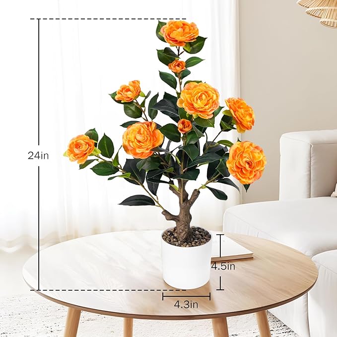 Caxchiling 2FT Artificial Camellia Tree, Small Fake Tree for Outdoor Indoor, Plastic Potted Plants for Home Office, Tabletop Desk Orange Flower Plants (1 Pack)