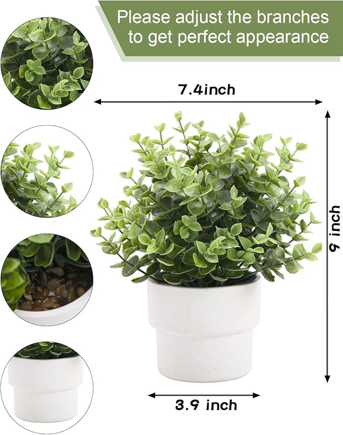 Coferset Small Fake Plants 7.45” Eucalyptus Potted Artificial Eucalyptus Plant for Bedroom Kitchen House Living Room Shelves Farmhouse Table Office Desk Bathroom Home Indoor Decor (Green)