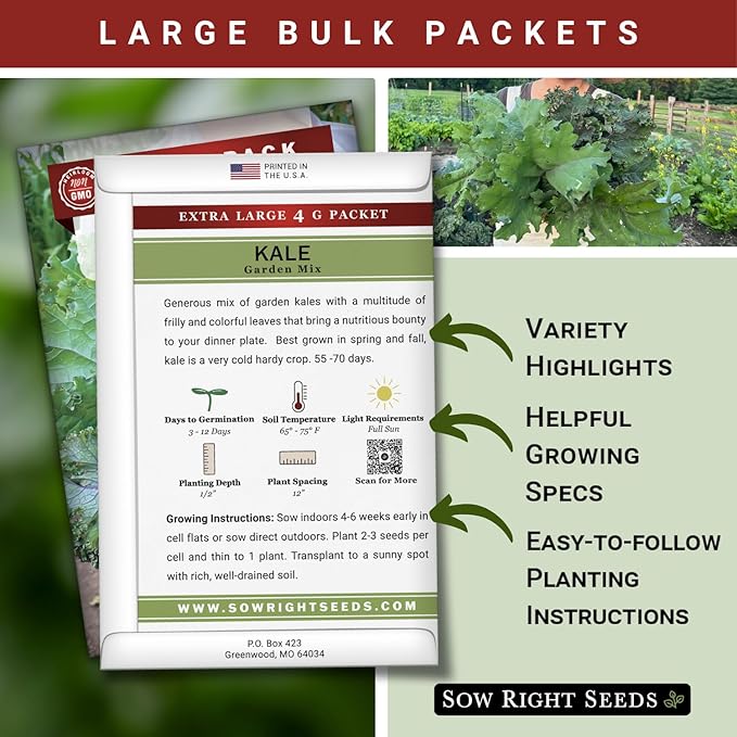 Sow Right Seeds - Bulk Mixed Kale Seeds for Planting - 4 Grams, 1200 Seeds - Non-GMO Heirloom Jumbo Packet to Plant Home Vegetable Garden - Grow Loads of Healthy Kale - Variety of Colors and Textures