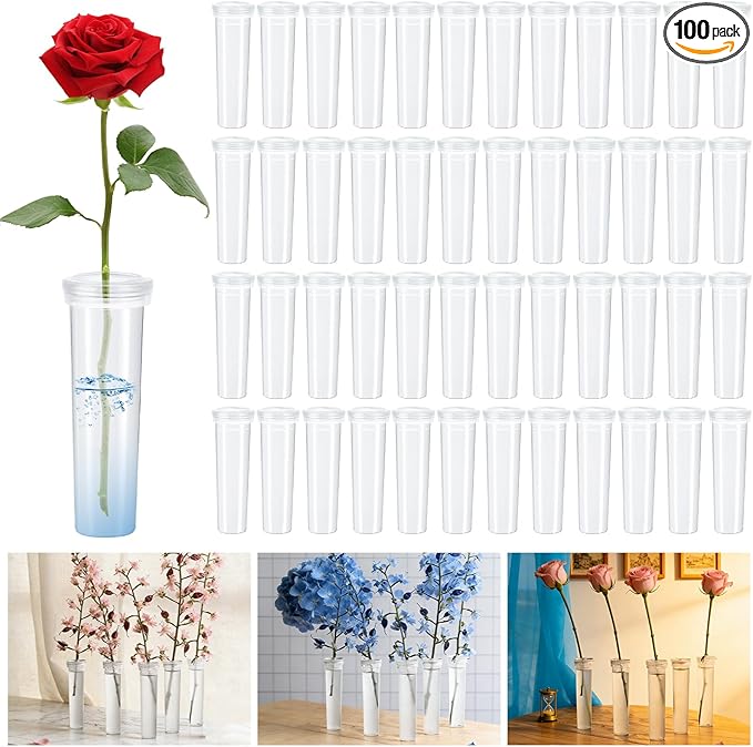 DAJAVE 100 Pack Floral Water Tubes 60 ML 4.3 Inch Plastic Water Tubes for Flowers, Clear Flower Vials with Caps for Fresh Flower Arrangements