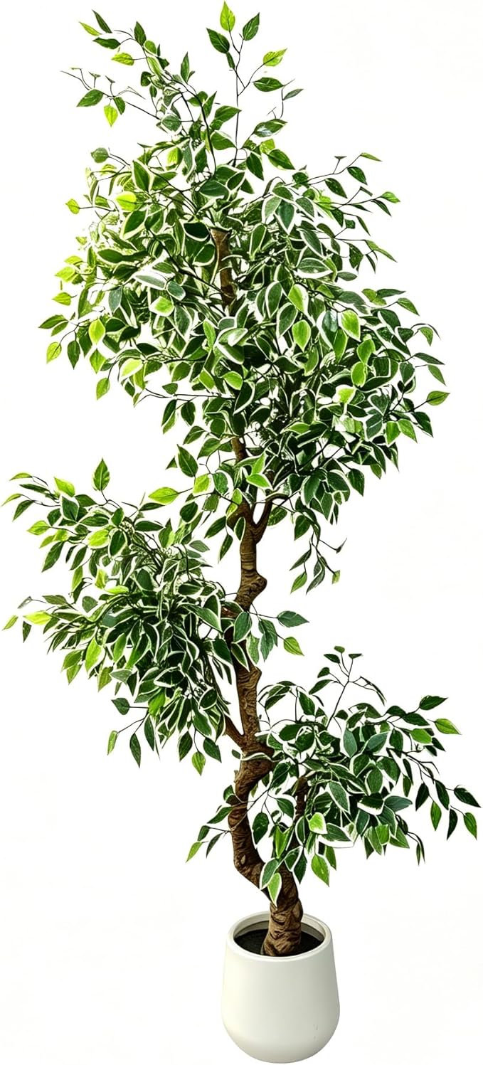 7FT Artificial Ficus Tree Indoor Outdoor, Fake Plants Indoor with White Pot, Realistic White-Edged Leaves Potted Tree for Home Office Decor