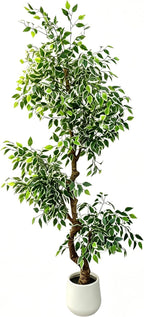 7FT Artificial Ficus Tree Indoor Outdoor, Fake Plants Indoor with White Pot, Realistic White-Edged Leaves Potted Tree for Home Office Decor