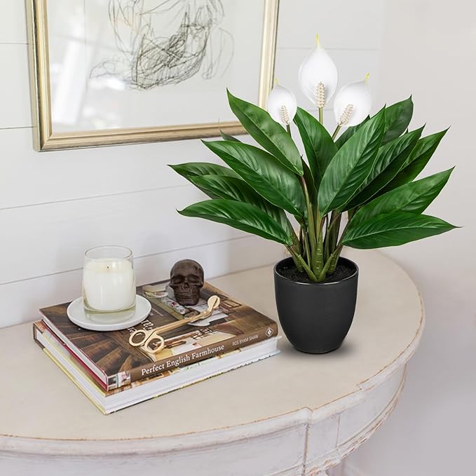 GnFlus Fake Plants 20'' Faux Plants Artificial Potted Plants Indoor Realistic White Anthurium Artificial Flowers, Fake Potted Plants for Home Office Farmhouse Kitchen Bathroom Table Shelf Decor