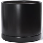 D'vine Dev 16 Inch Ceramic Planter Pot with Drainage Hole and Saucer, Indoor Cylinder Round Planter Pot, Black, 94-O-H-2