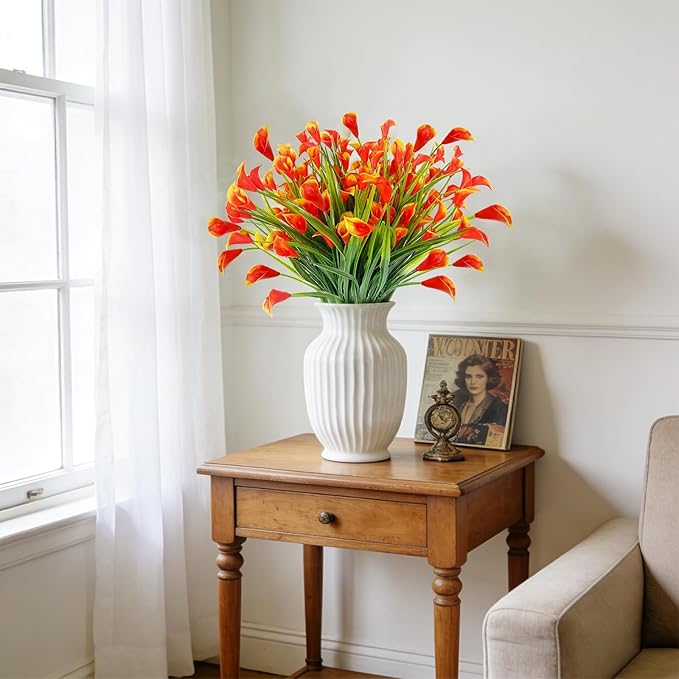 TURNMEON 12 Bundles Calla Lily (240 Heads) Artificial Flowers for Outdoors, Fake Plants UV Resistant Faux Plastic Fake Flowers for Indoor Home Porch Yards Spring Summer Cemetery Decor(Orange Red)