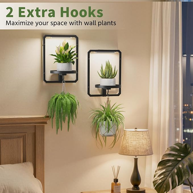 LASZOLA Plant Hangers Holder Wall Mount Indoor Window with 3 Grow Light, 3 Pack Floating Flower Stand Shelf with Hooks, Metal Picture Frame Hanging Planter Display Decor for Kitchen Bathroom, Black